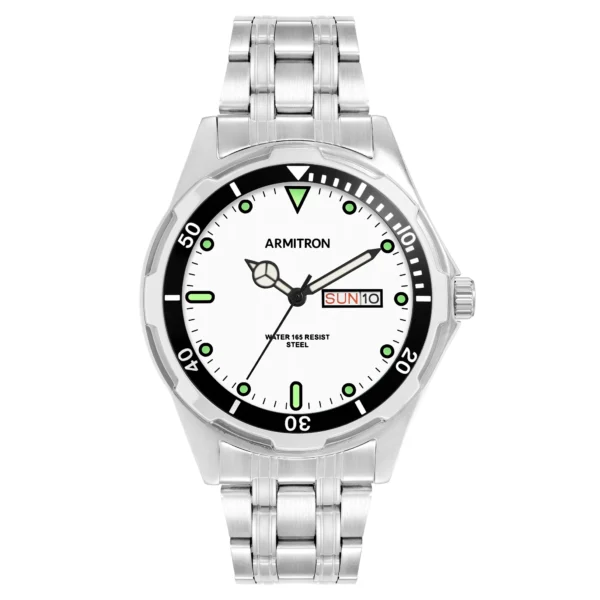 Armitron Hombres Plata Tono Redondo Blanco Esfera Reloj Casual